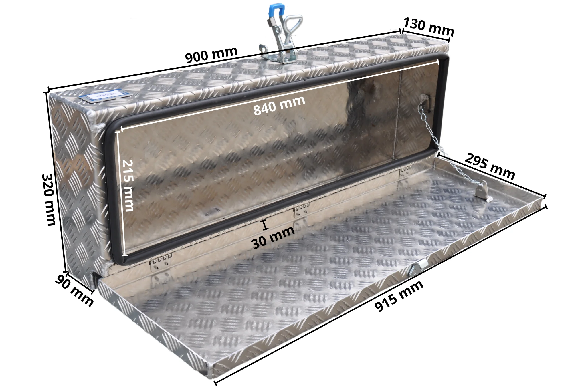 De Haan Box HM - 900x320x150 mm - wasser- und staubdichte Aluminium-Riffelblech Deichselbox - mit Spannschloss - Image 8