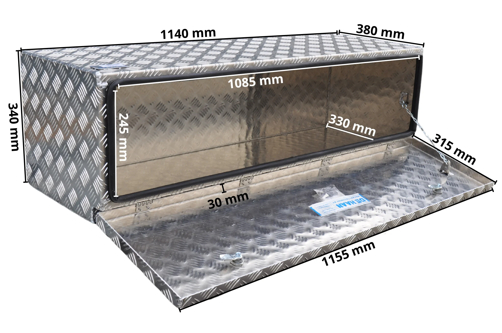 DE HAAN BOX HUW - 1140x340x400 mm Aluminium Riffelblech Deichselbox - mit Butterfly-Schloss - Image 8