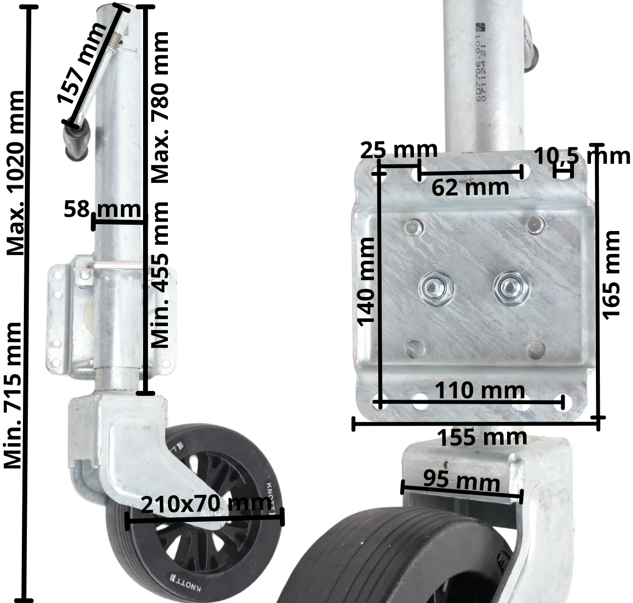 Schwenkbares Stützrad - 60 mm - Tragfähigkeit: 550 kg - seitliche Kurbel - Image 9