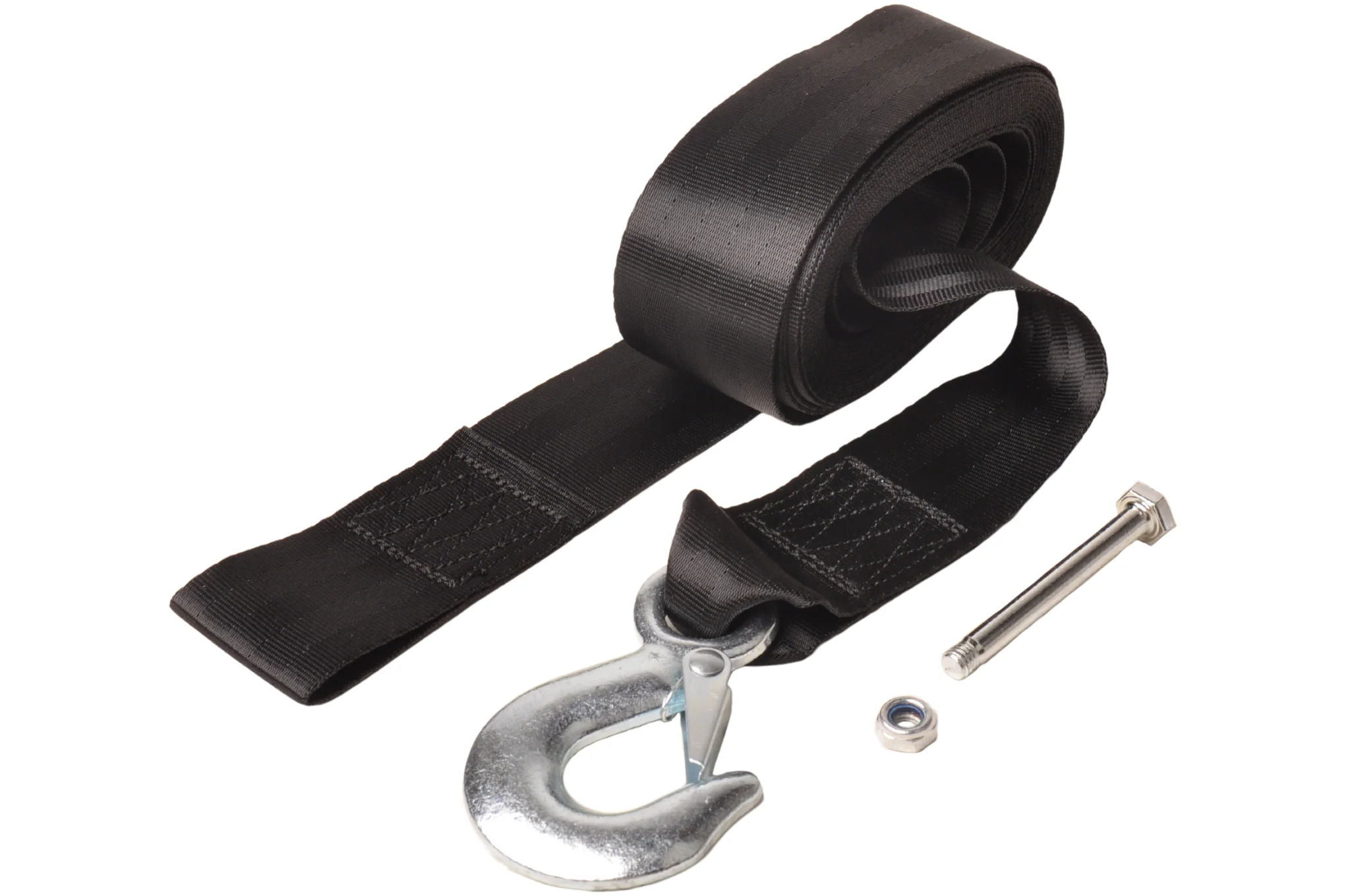 Seilband Bootsanhänger mit Sicherheits­haken – 5 cm x 6,1 Meter – 612 kg – Schwarz - inkl. Bolzen